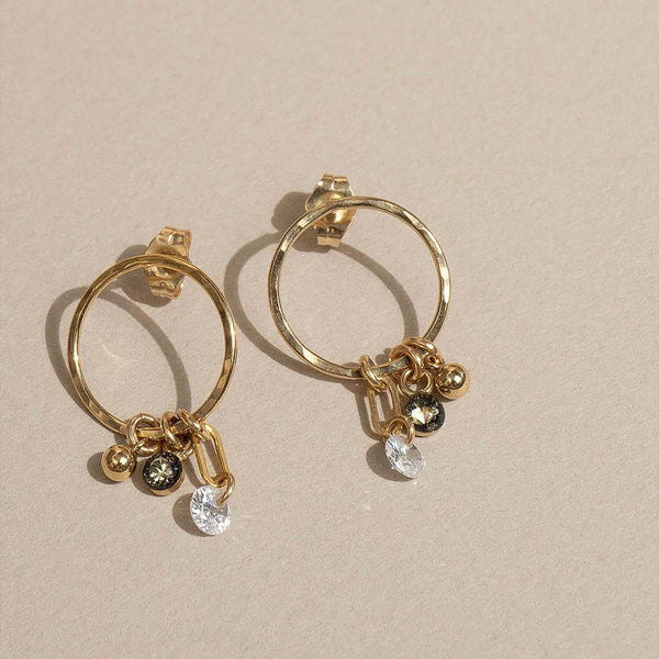 Handcrafted gold-filled charm hoop stud earrings with decorative charm accents by Kate Koel