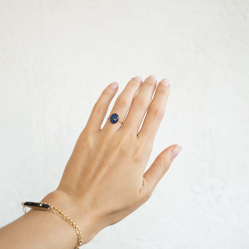 Dainty 14k gold filled oval ring with crushed gemstones in glass resin handmade stacking ring