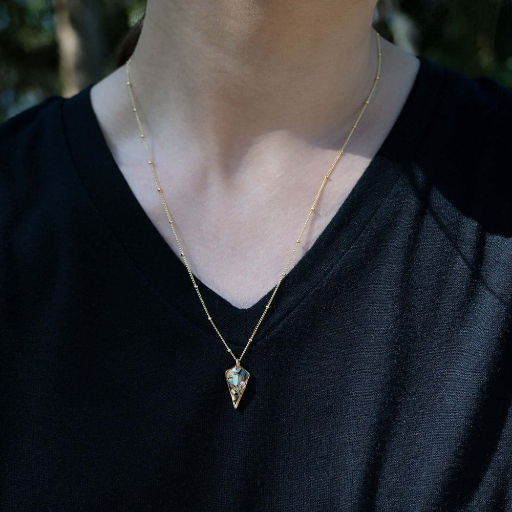 Diamond-shaped genuine abalone shell necklace on gold filled chain — iridescent
artisan pendant by Kate Koel