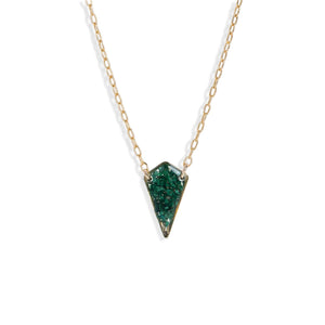 Handcrafted diamond-shaped malachite pendant necklace with genuine green stone on gold-filled chain by Kate Koel