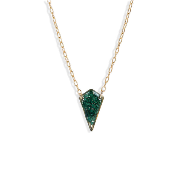 Handcrafted diamond-shaped malachite pendant necklace with genuine green stone on gold-filled chain by Kate Koel