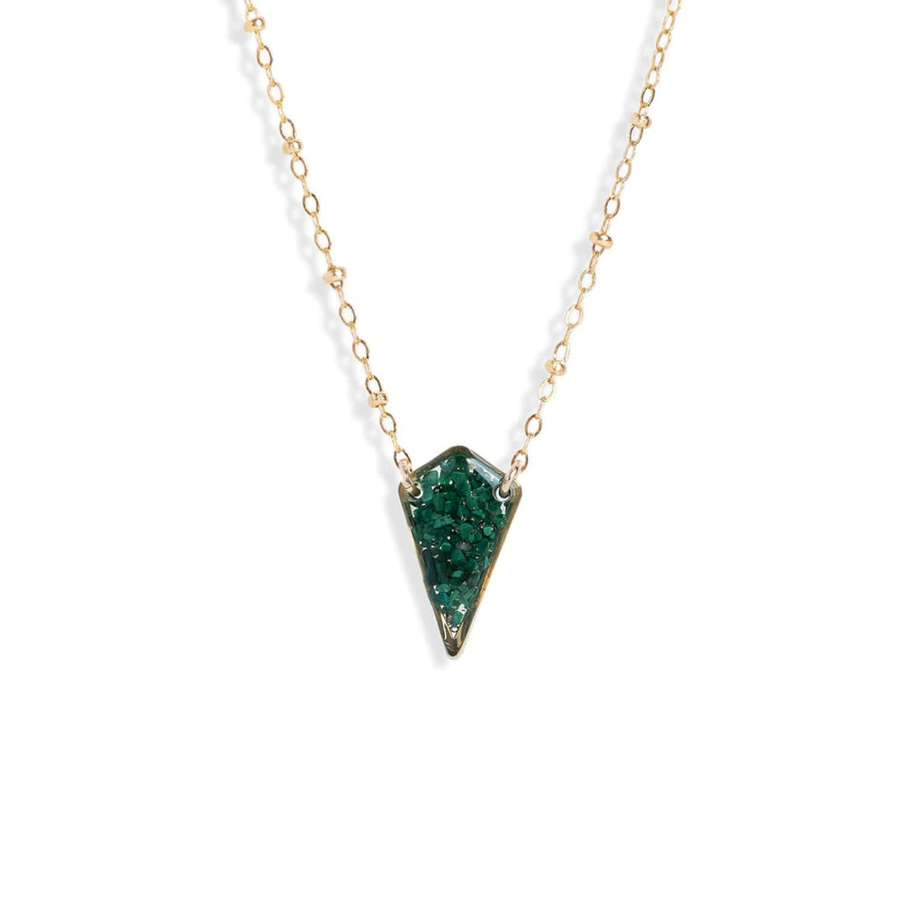 Handcrafted diamond-shaped malachite pendant necklace with genuine green stone on gold-filled chain by Kate Koel