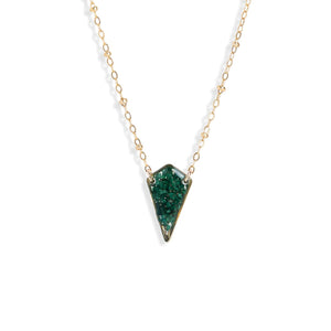 Handcrafted diamond-shaped malachite pendant necklace with genuine green stone on gold-filled chain by Kate Koel