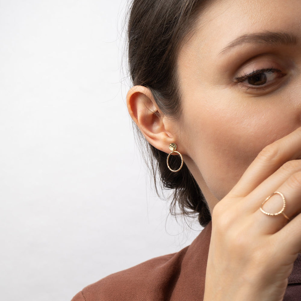Textured gold-filled 30mm disco hoop stud earrings with sparkle finish handcrafted by Kate Koel