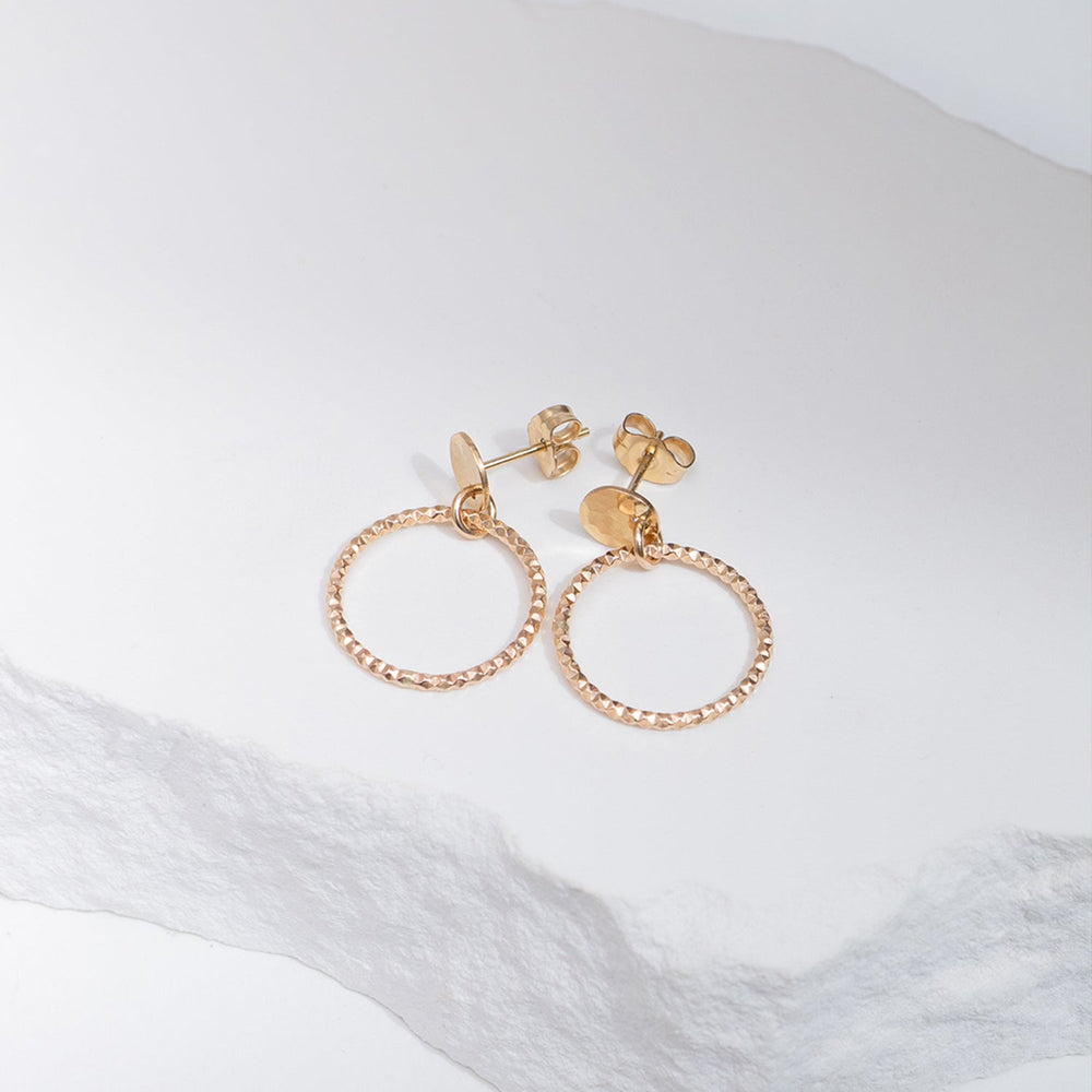Textured gold-filled 30mm disco hoop stud earrings with sparkle finish handcrafted by Kate Koel