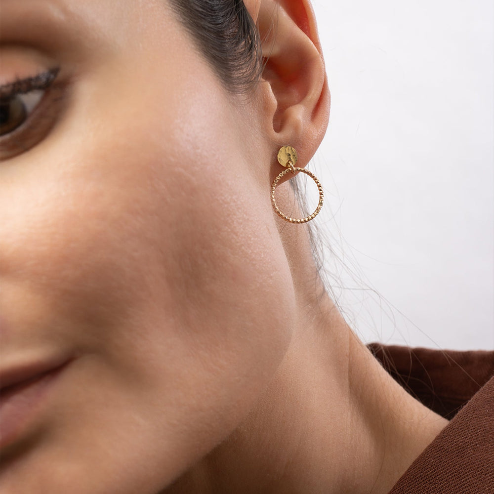 Textured gold-filled 30mm disco hoop stud earrings with sparkle finish handcrafted by Kate Koel