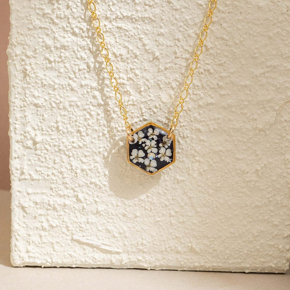 Violet hexagon floral necklace with real pressed
flowers in gold-plated brass and 14k gold filled chain