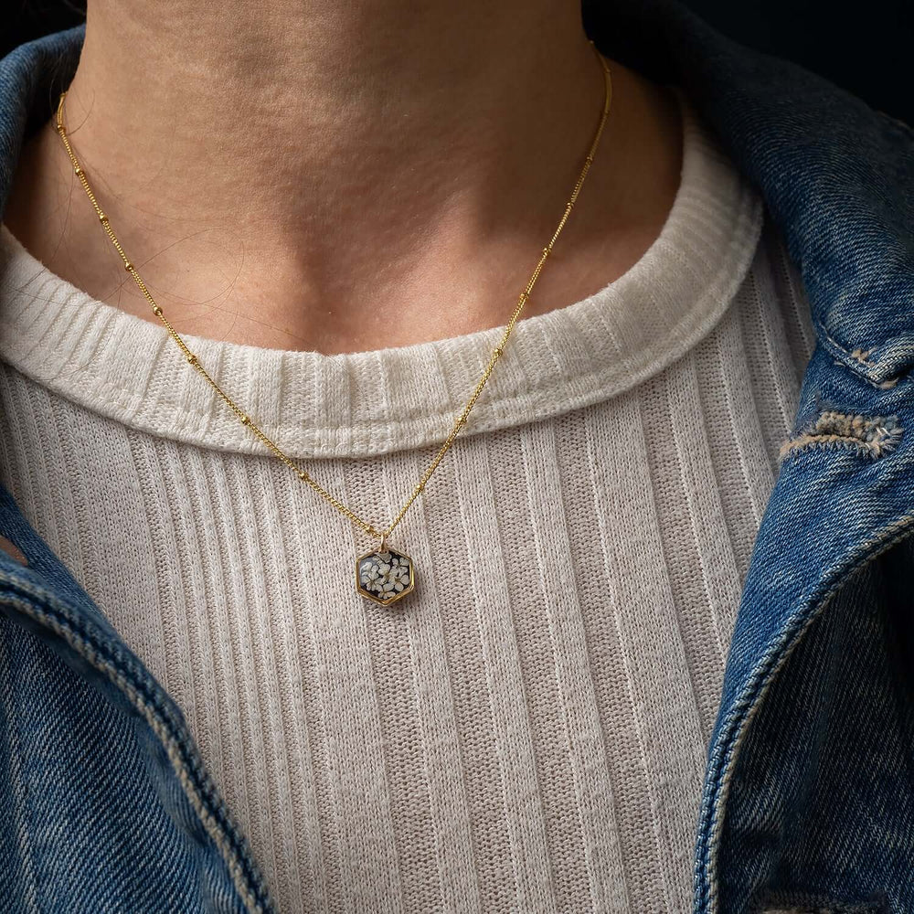 Violet hexagon floral necklace with real pressed
flowers in gold-plated brass and 14k gold filled chain