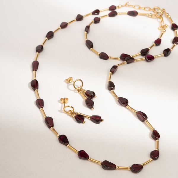 Garnet Beaded Necklace Matching Earrings and Bracelet set paired with gold filled