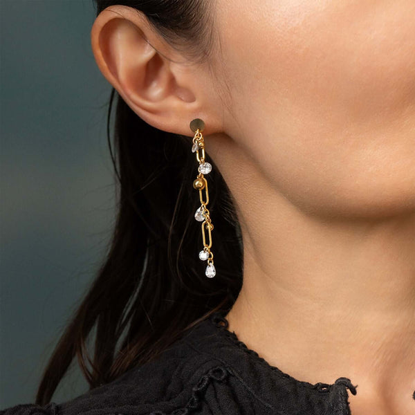 Handcrafted geometric cluster dangle bridal earrings with architectural mixed metal design by Kate Koel
