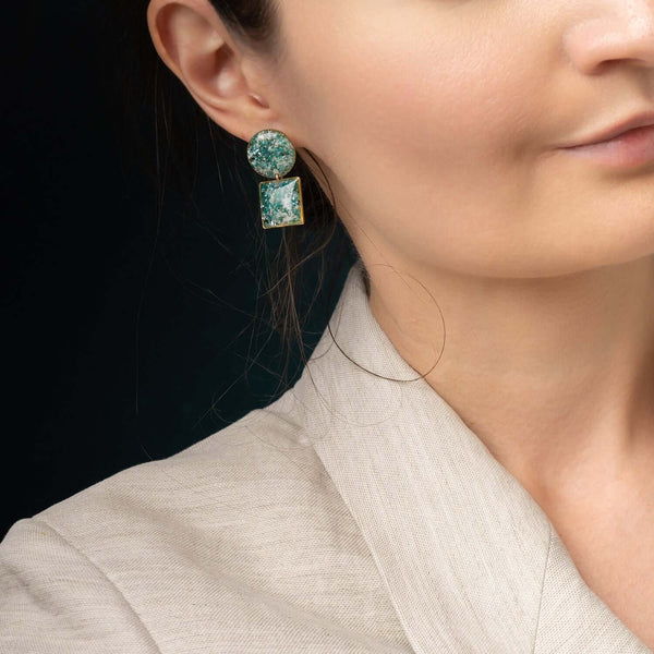 Handcrafted dangle earrings with genuine white howlite and blue-green chrysocolla stones by Kate Koel