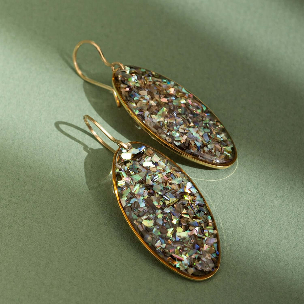 Large oval abalone shell earrings in 14k gold filled — iridescent blue-green
handcrafted drop earrings by Kate Koel