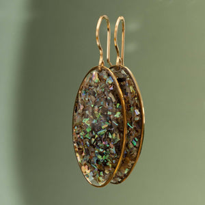 Large oval abalone shell earrings in 14k gold filled — iridescent blue-green
handcrafted drop earrings by Kate Koel
