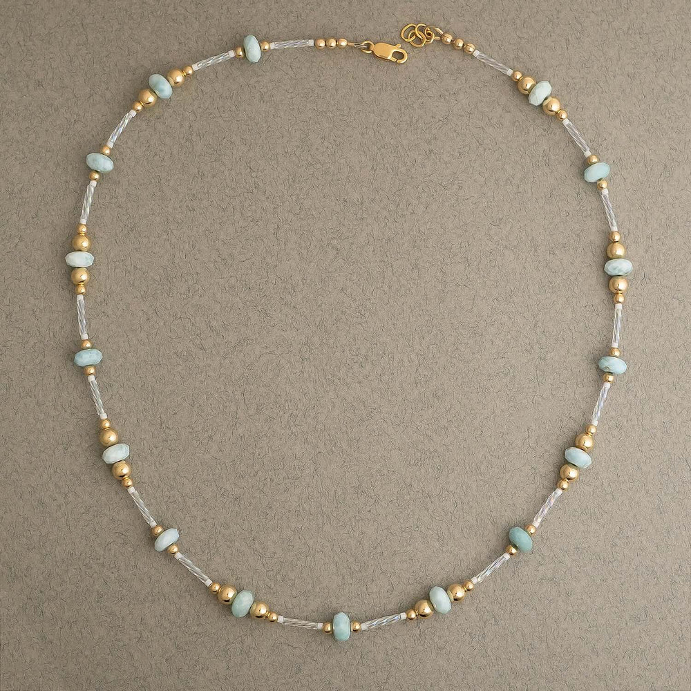 Handcrafted Larimar Gold Beaded Necklace with Caribbean blue stones by Kate Koel