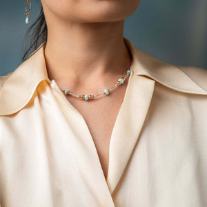 Handcrafted Larimar Gold Beaded Necklace with Caribbean blue stones by Kate Koel