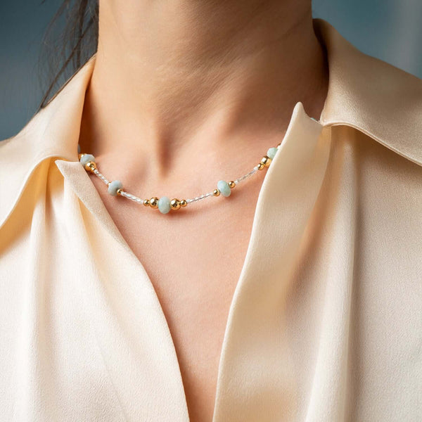 Handcrafted Larimar Gold Beaded Necklace with Caribbean blue stones by Kate Koel