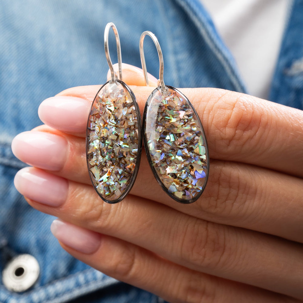 Luminous handcrafted oval earrings with genuine abalone shell in iridescent blue-green tones by Kate Koel