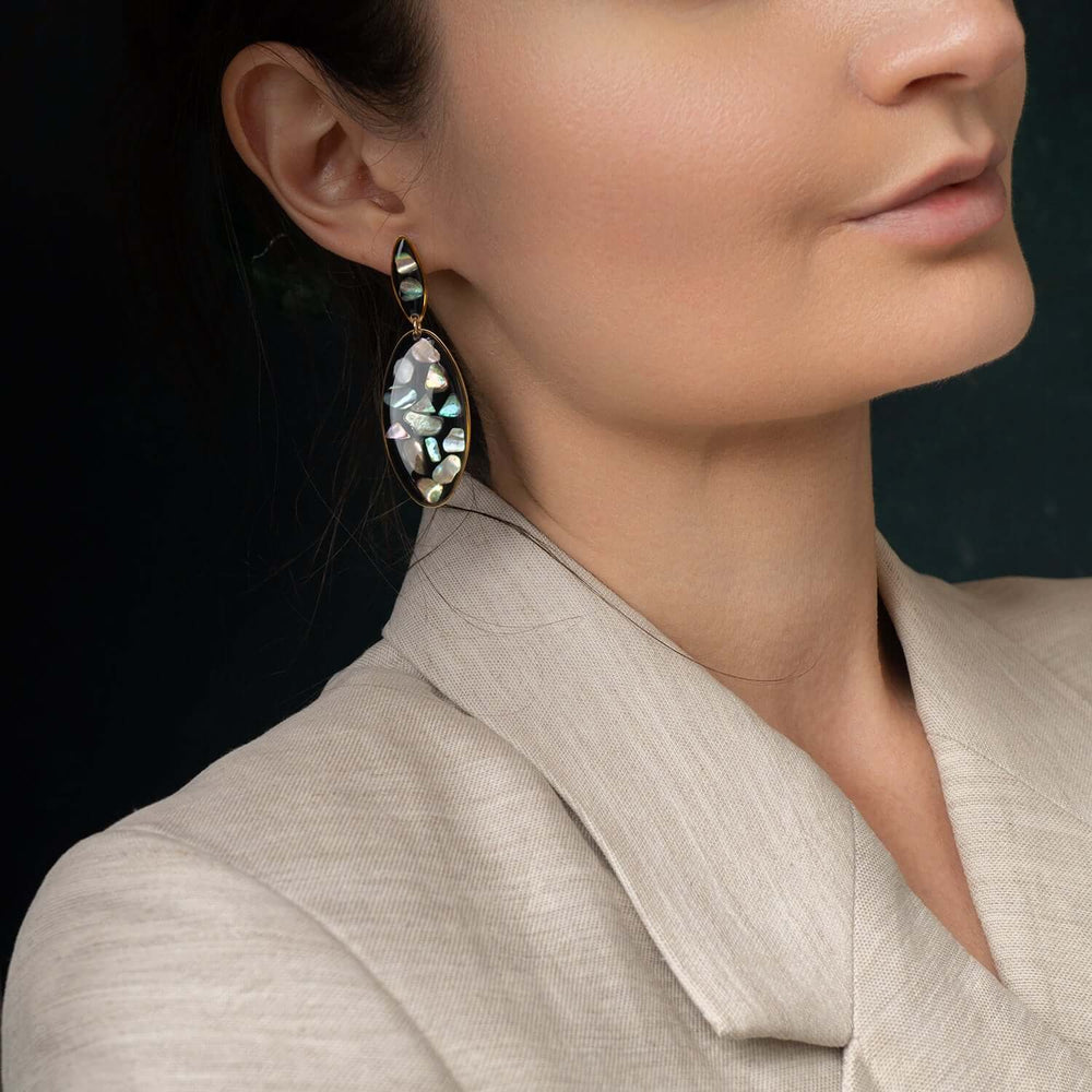 Handcrafted midnight tide Statement Abalone Earrings with genuine iridescent abalone shell by Kate Koel