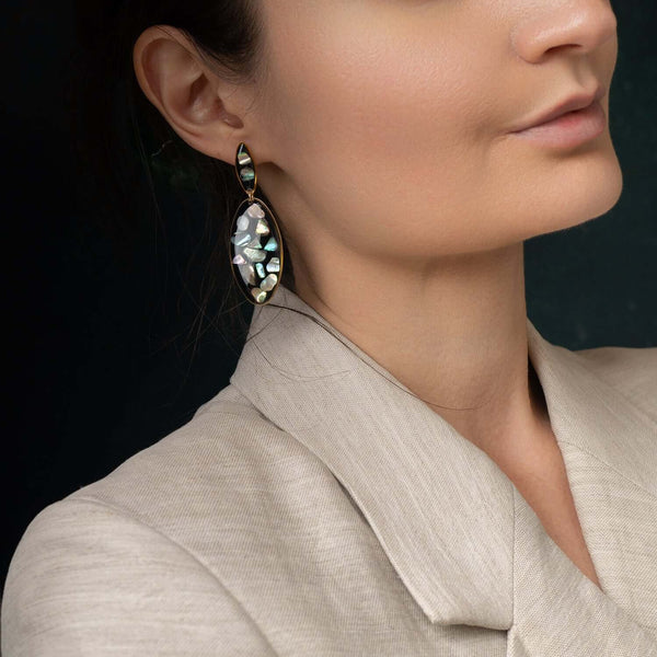 Handcrafted midnight tide statement earrings with genuine iridescent abalone shell in mixed metal settings by Kate Koel