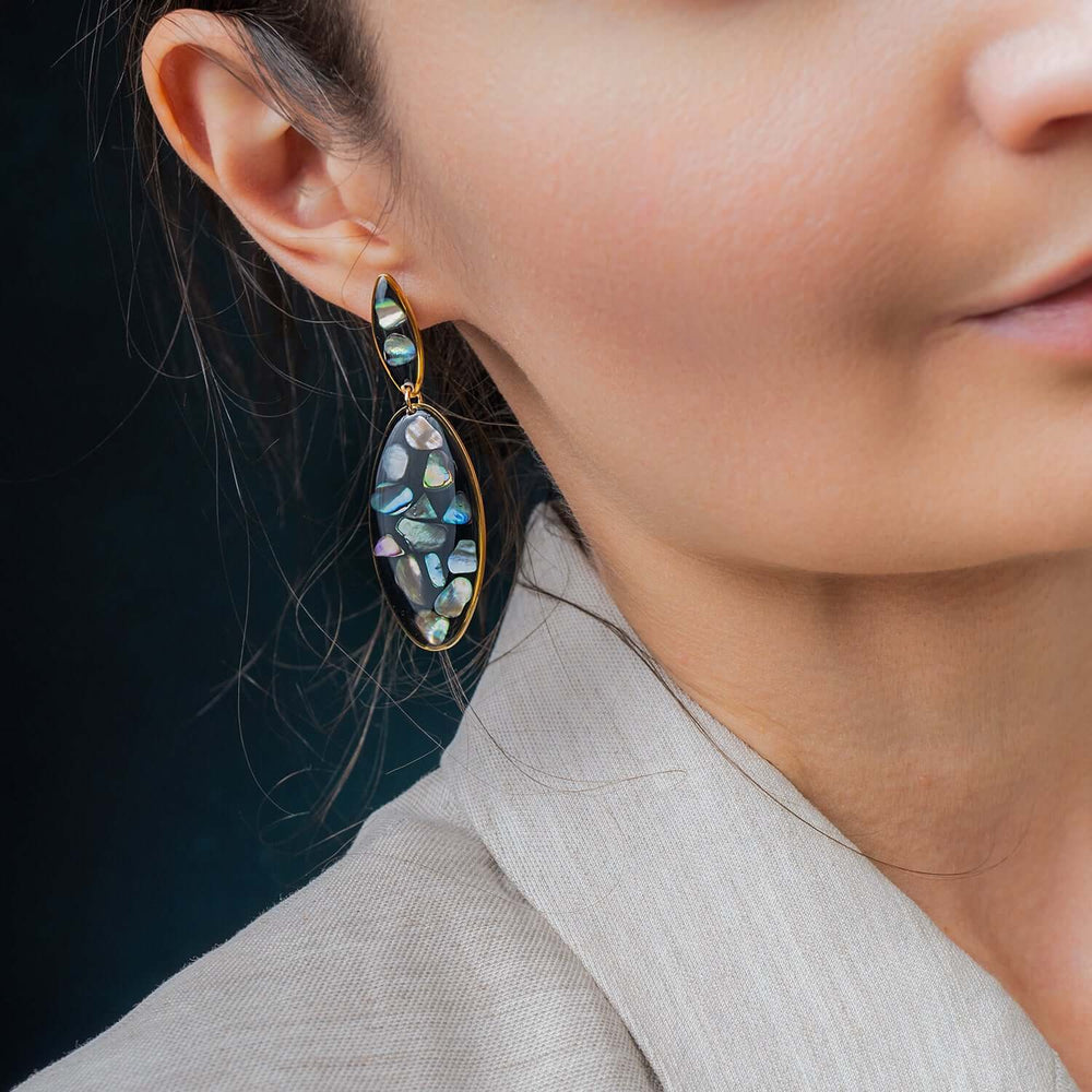 Handcrafted midnight tide Statement Abalone Earrings with genuine iridescent abalone shell by Kate Koel