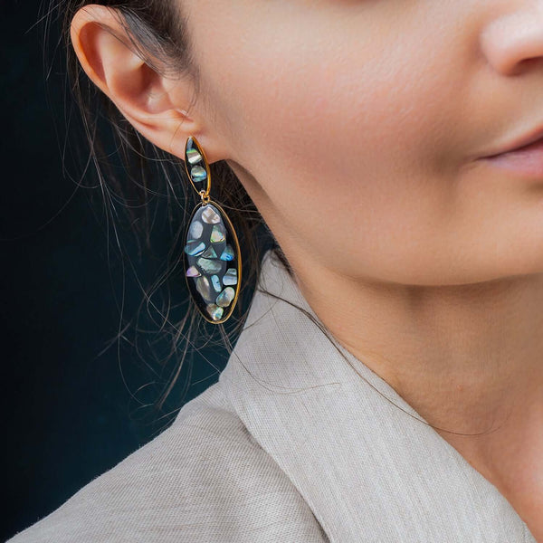 Handcrafted midnight tide statement earrings with genuine iridescent abalone shell in mixed metal settings by Kate Koel