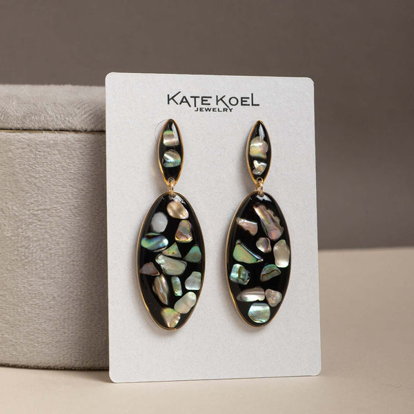 Handcrafted midnight tide statement earrings with genuine iridescent abalone shell in mixed metal settings by Kate Koel