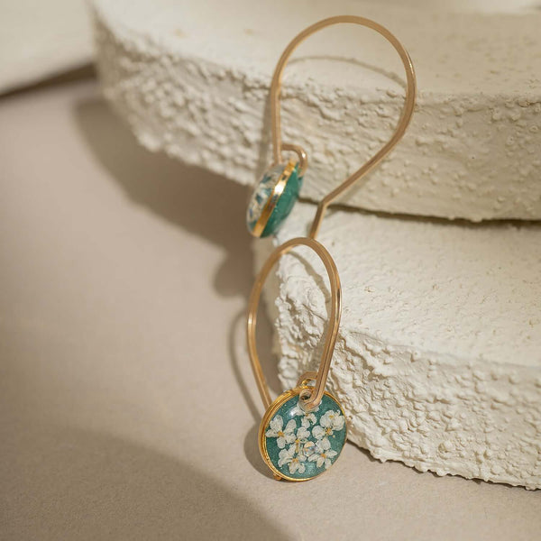 Minimalist floral hoop earrings in gold-plated brass
frame with 14k gold filled ear hooks — handmade
flower earrings