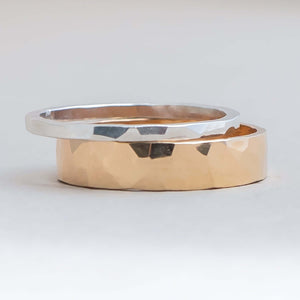Mixed metal stacking ring set  14k gold filled textured band and sterling silver square band handmade by Kate Koel