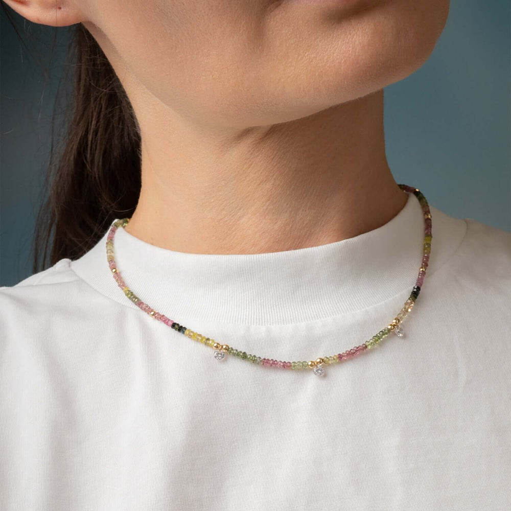 
                      
                        Close-up of a person wearing a colorful beaded necklace against a neutral background
                      
                    