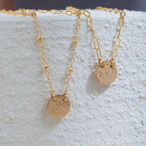 Handcrafted night sky pendant necklace with galaxy-inspired celestial design on gold-filled chain by Kate Koel