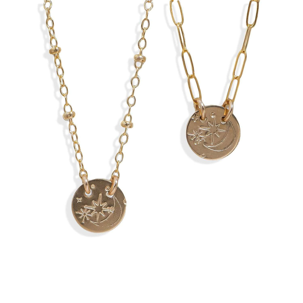 Handcrafted night sky pendant necklace with galaxy-inspired celestial design on gold-filled chain by Kate Koel