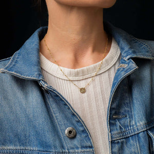 Handcrafted night sky pendant necklace with galaxy-inspired celestial design on gold-filled chain by Kate Koel