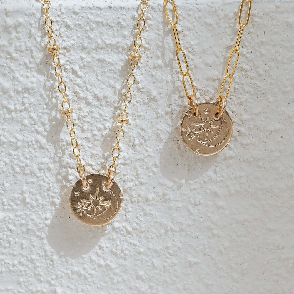 Handcrafted night sky pendant necklace with galaxy-inspired celestial design on gold-filled chain by Kate Koel