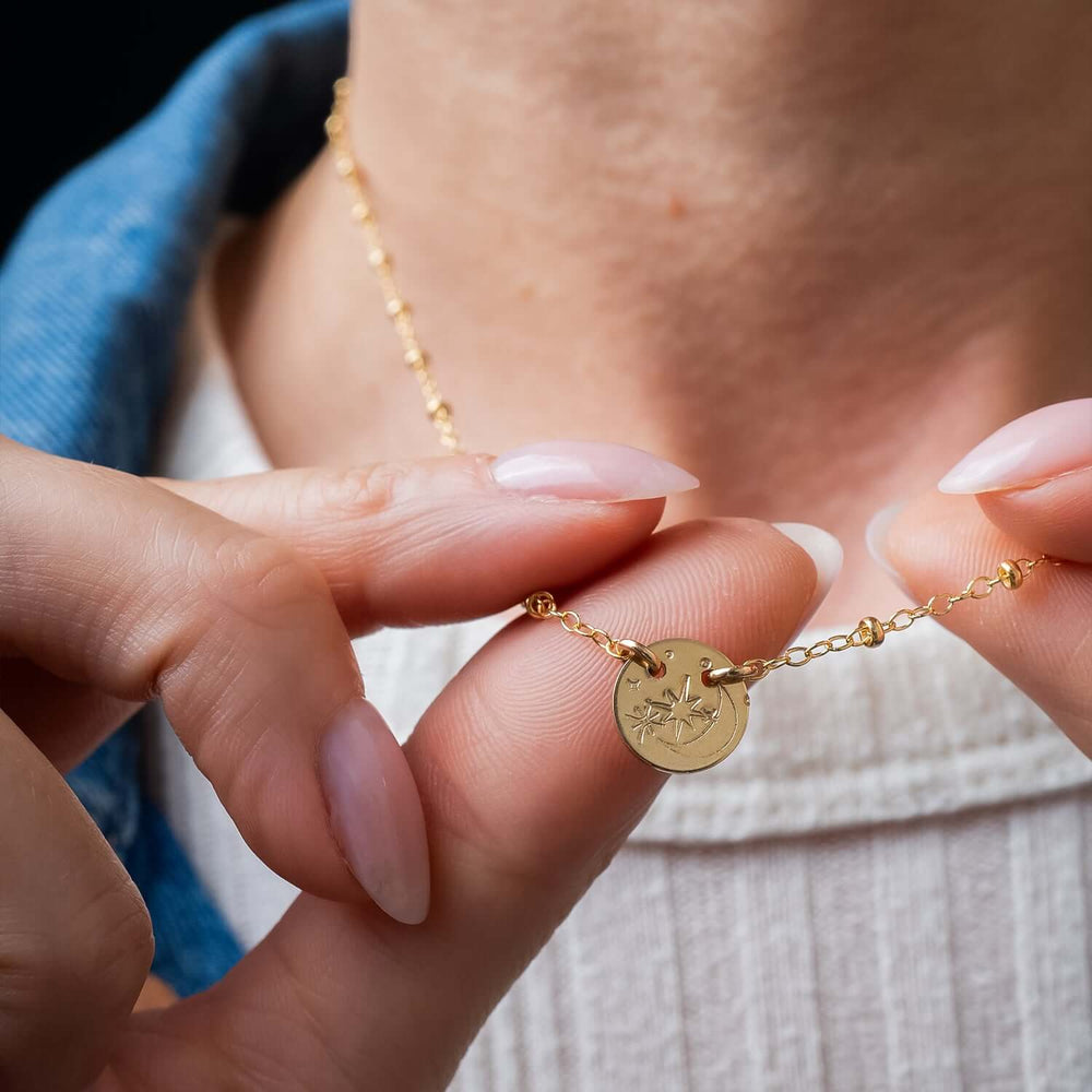 Handcrafted night sky pendant necklace with galaxy-inspired celestial design on gold-filled chain by Kate Koel