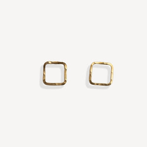 Gold square stud earrings on a white background