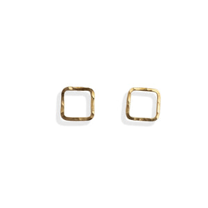 Gold square small stud earrings on a white background
