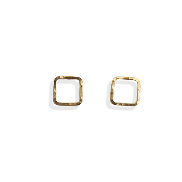 Gold square small stud earrings on a white background