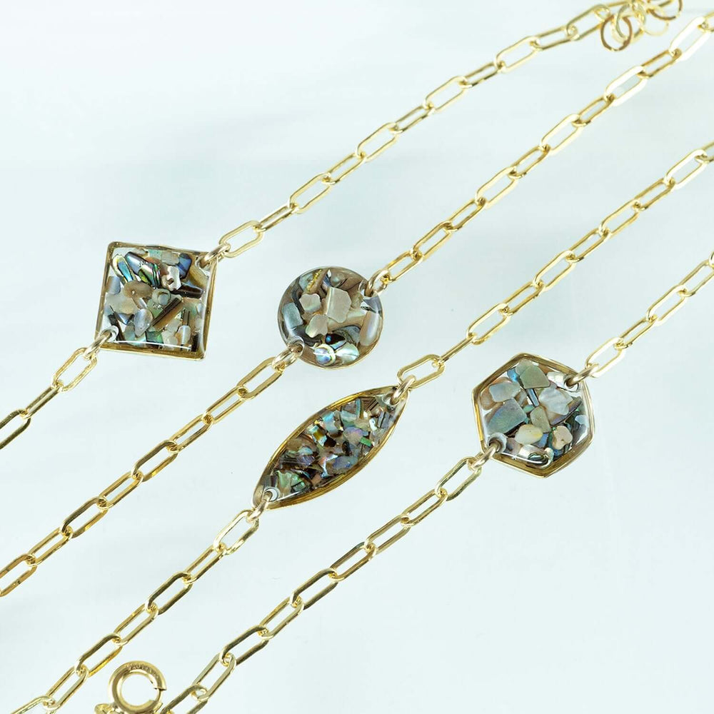 Oval abalone shell bracelet on gold filled chain — iridescent handcrafted ocean jewelry by Kate Koel