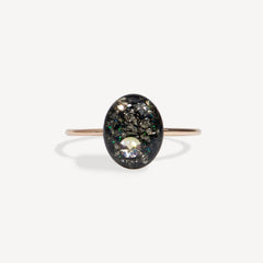 Ring with a black stone and clear gem on a white background