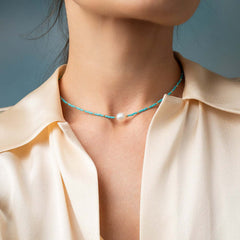 Handcrafted pearl turquoise beaded necklace with freshwater pearls and natural stones by Kate Koel