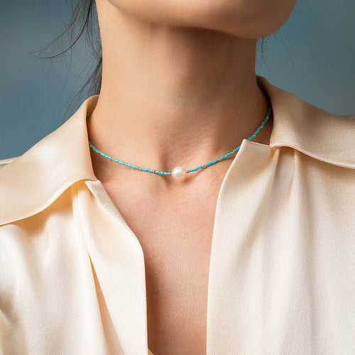 Handcrafted pearl turquoise beaded necklace with freshwater pearls and natural stones by Kate Koel
