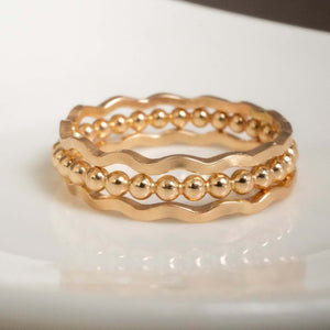 14k gold filled romantic stacking ring set with wave band and beaded band, handmade in Florida