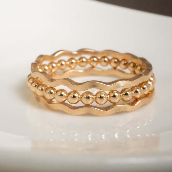 14k gold filled romantic stacking ring set with wave band and beaded band, handmade in Florida