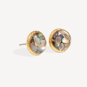 Pair of gold earrings with multicolored stone centers on a white background