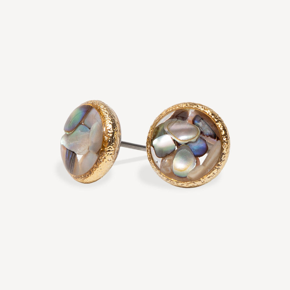 Pair of round earrings with gold frame and multicolored stone center on a white background