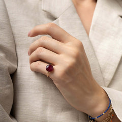 Handcrafted crushed ruby disco ring with sparkling red crushed stone inlay in gold-filled setting by Kate Koel