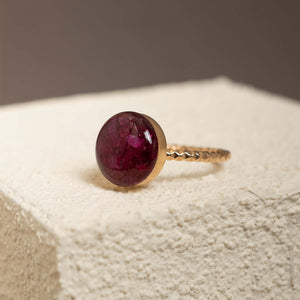 Handcrafted crushed ruby disco ring with sparkling red crushed stone inlay in gold-filled setting by Kate Koel