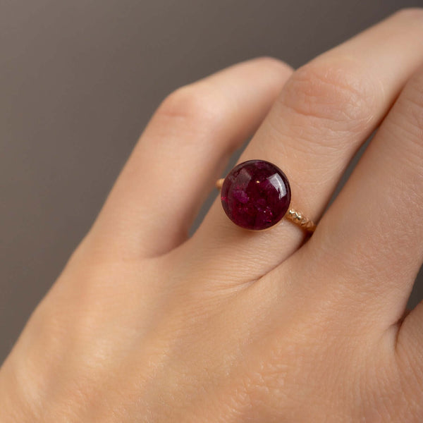 Handcrafted crushed ruby disco ring with sparkling red crushed stone inlay in gold-filled setting by Kate Koel