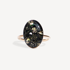 statement oval ring with  galaxy looking gemstone handmade by kate koel