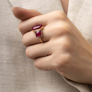 Handcrafted statement oval ruby ring with bold crimson setting in gold-filled band by Kate Koel